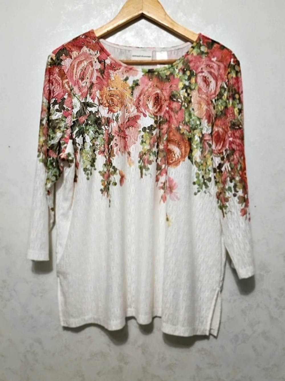 Alfred Dunner Women's XL Floral Lace 3/4 Sleeve Top Rhinestones